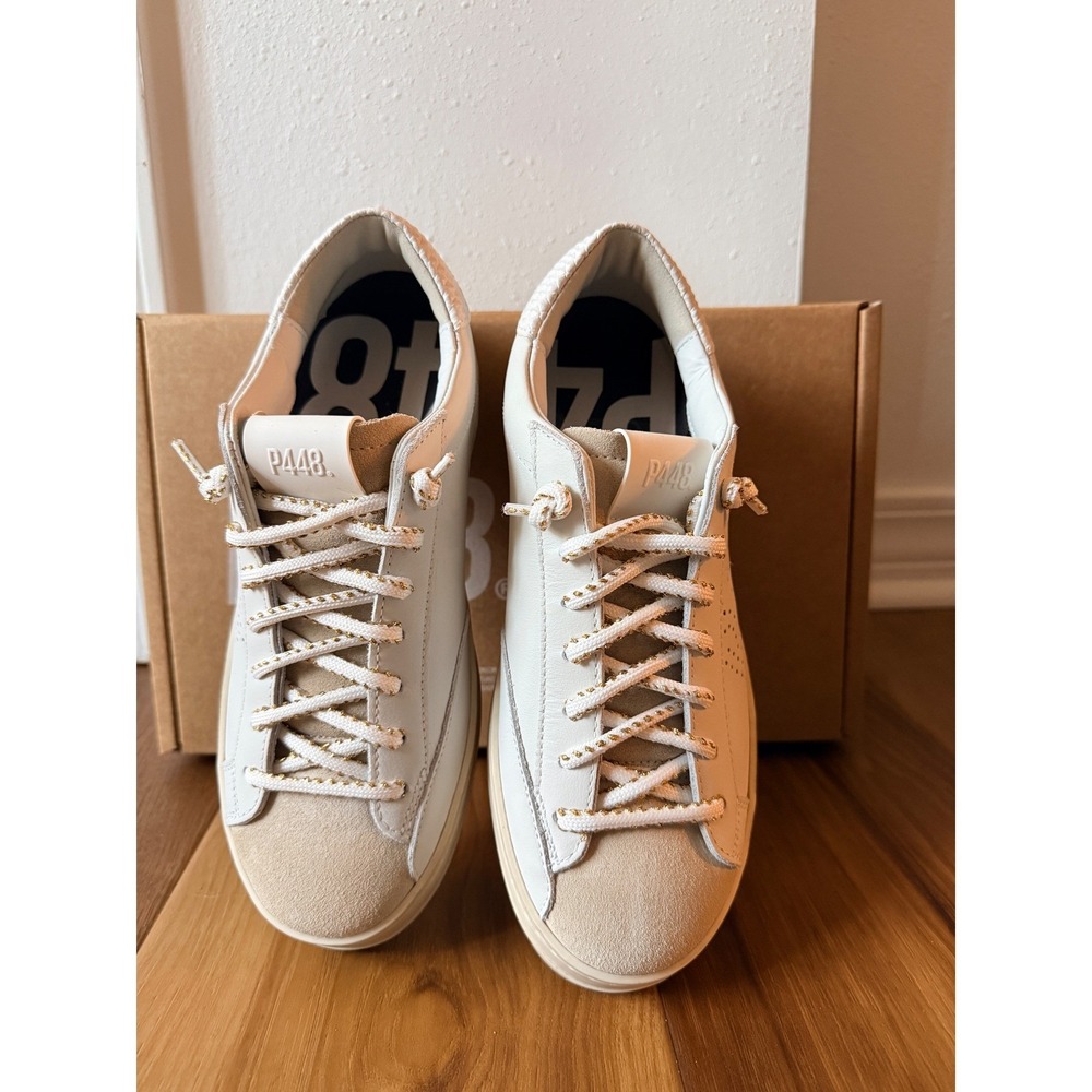 P448 John Low Top Sneakers Womens 10 US 40 EU White Beige Leather Made in Italy - Picture 9 of 11